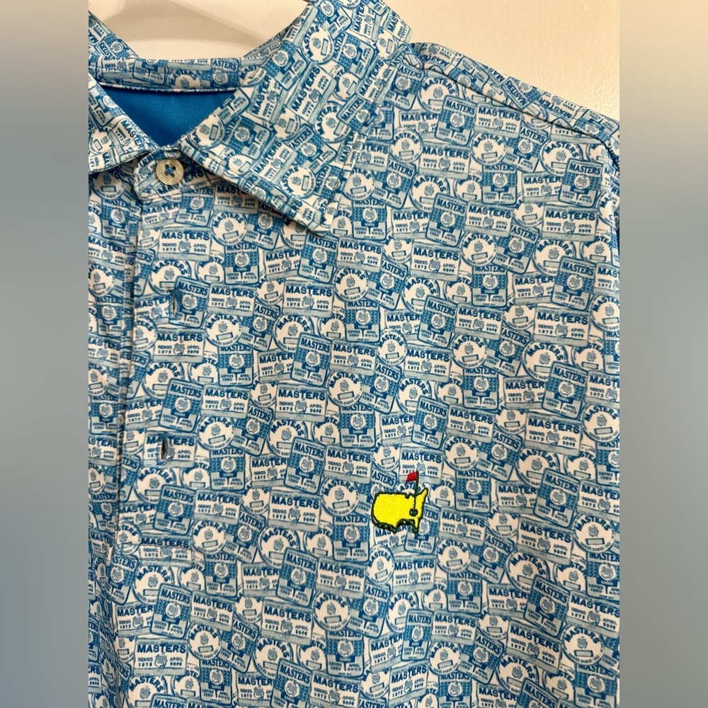 ⛳️RARE Masters Tech Men’s Polo Blue White Badges Medium 👕 🆓 SHIPPING!